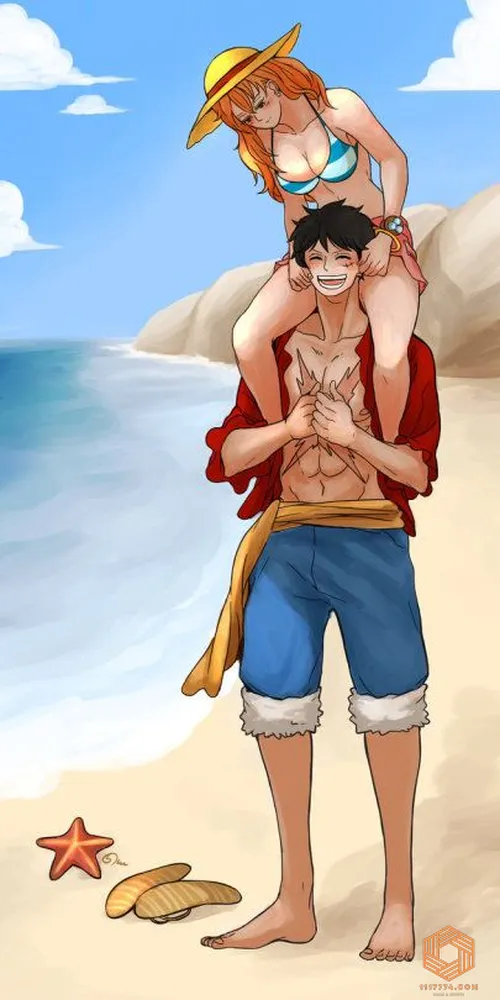 Ảnh Luffy và Nami tình cảm bên bờ biển 